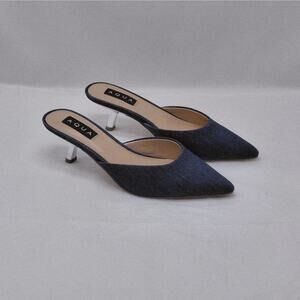Aqua Womens Heels Mules Size 6 Blue Denim Pointed Toe Kitten Heel Slip On Sandal